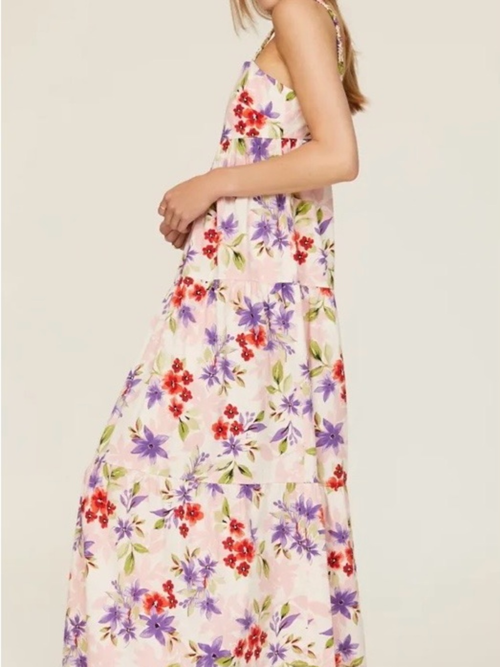 Louna Floral Tiered Maxi Dress with Red & Purple Blooms